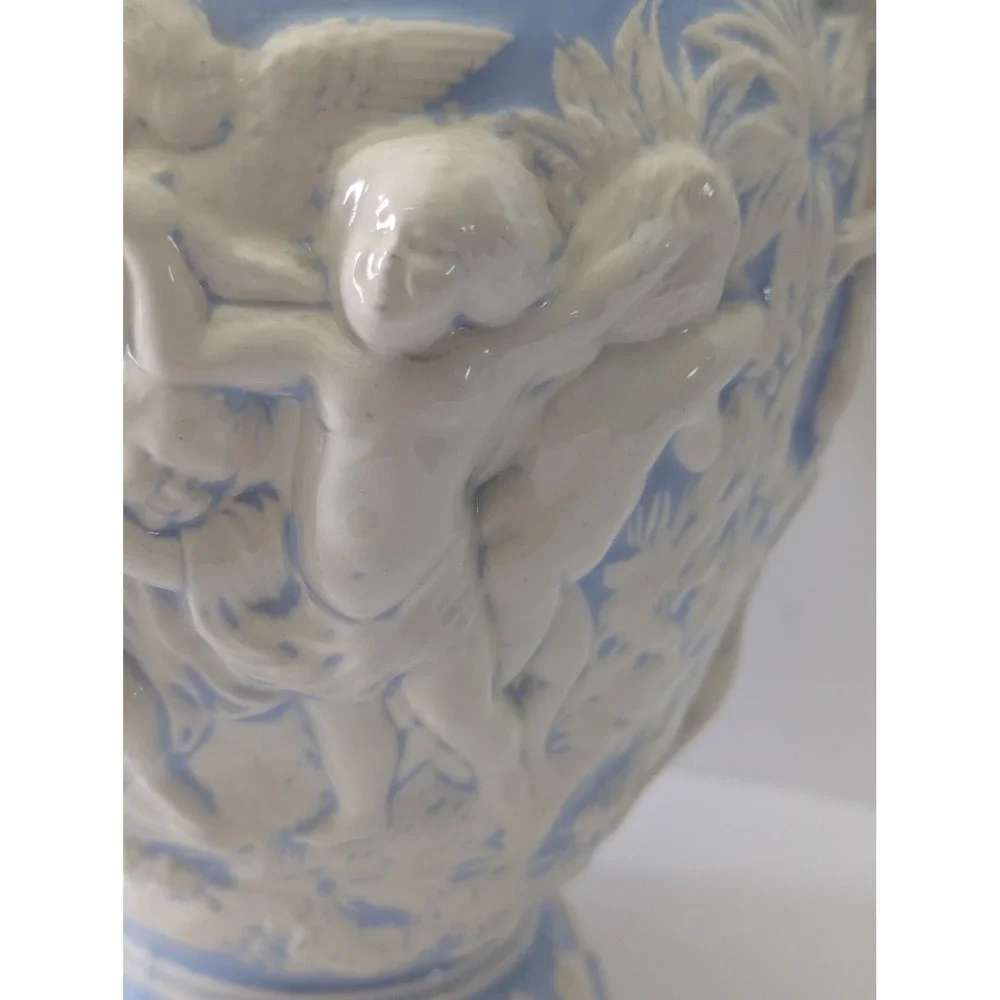 Blue and White Ceramic Cherub Ginger Jar Ornate Relief Urn w Lid 15i